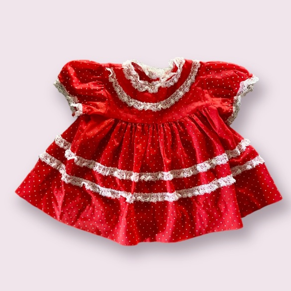 Vintage Red White Ruffle Lace Swiss Dots Polka Dots Sheer Layer Baby Dress